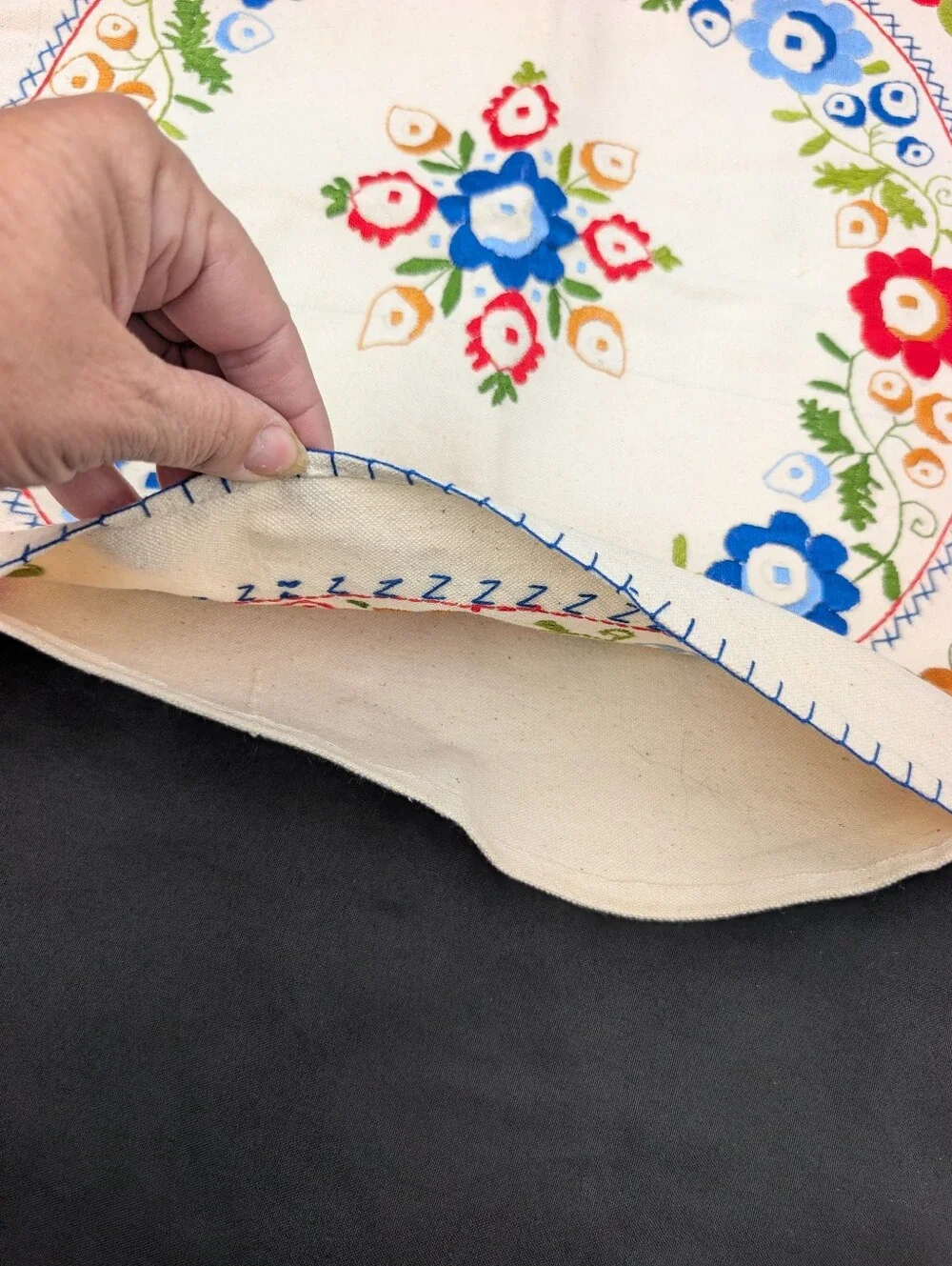 Vintage Hand-Embroidered Floral Canvas Cushion Cover in Cream And Multicolor